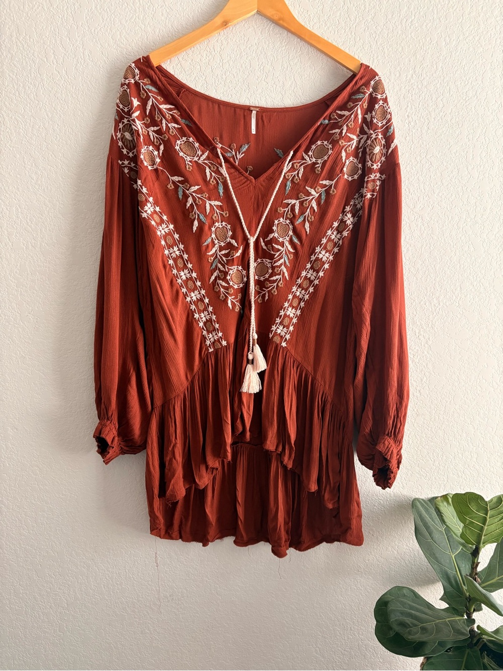 Free People Wild Dreams Embroidered Tunic Top Dress Medium Rust Long Sleeve - Picture 5 of 6